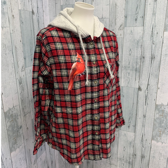 New Hand Printed Womens 3XL Red Cardinal Bird Long Sleeve Plaid Flannel Hoodie - Picture 1 of 4